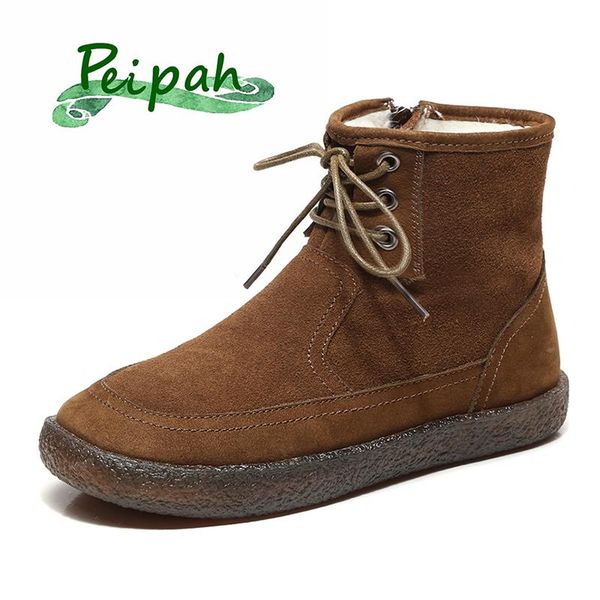 

boots peipah genuine leather women flat ladies wool lace up marting shoes woman ankle solid snow female round toe footwear, Black