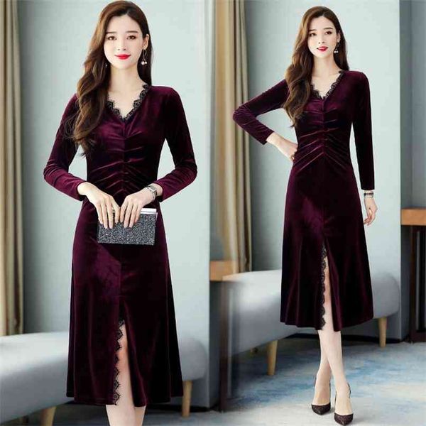 

spring solid 3xl plus size dress vintage lace red gold velvet midi vestidos autumn women elegant bodycon party 210528, Black;gray