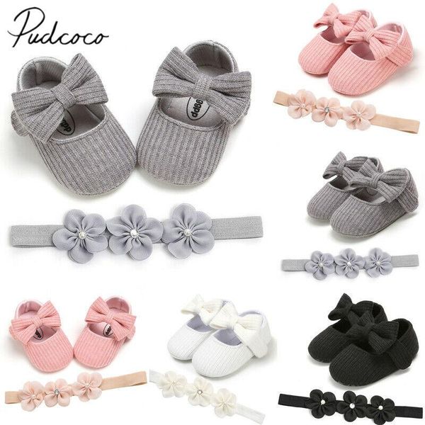 

first walkers 2021 baby toddler girl crib shoes bowknot soft sole prewalker dress solid + headband 2pcs