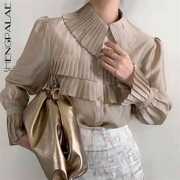 

elegant blouse women's srping lapel pleated single breasted loose micro transparent lantern sleeve shirt 210427, White