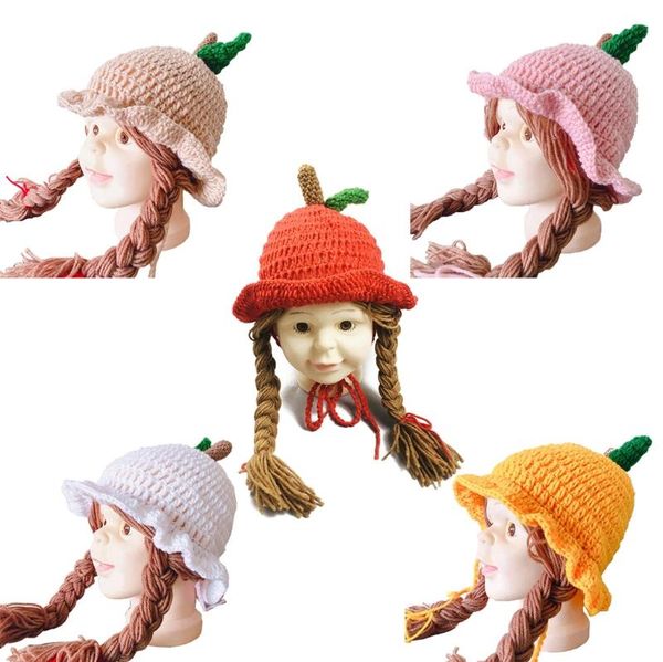 

caps & hats baby winter warm knitted children cute wig big braid earflap beanie hat girls princess birthday gift, Yellow