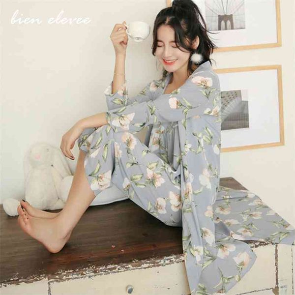 

women's pajama set sleepwear suit long-sleeve underwear 3 pieces loungewear floral printing pyjamas for ladies autumn homewear 210809, Black;red