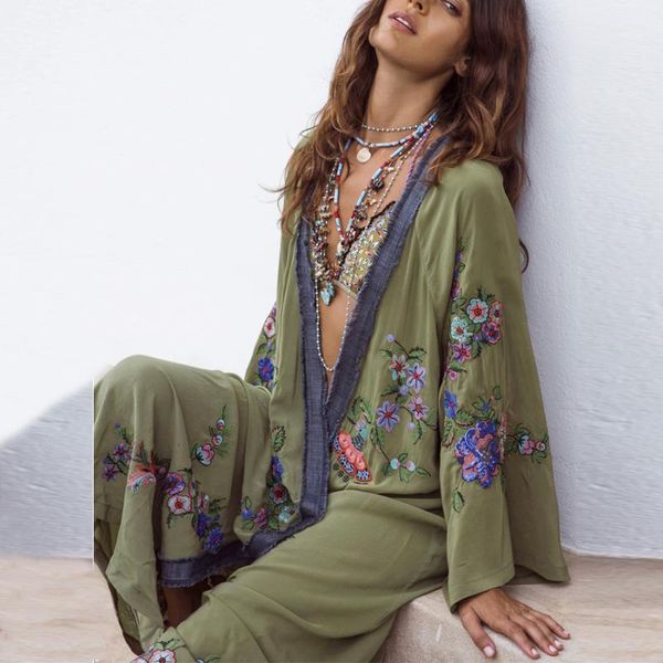 

women's swimwear boho light green floral embroidered long cardigan beach bikini cover up kaftan kimono robe summer loose women dresses, White;black