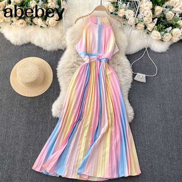

spring temperament vestidos feminine strapless sling square collar rainbow gradient color slimming holiday midi dress c361 210715, Black;gray
