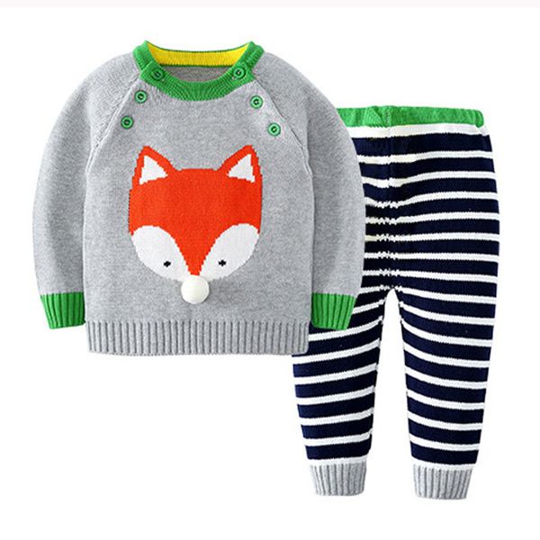 

autumn winter baby boys girls long sleeves stripe knit sweater suits kids clothes fox clothing sets 210429, White
