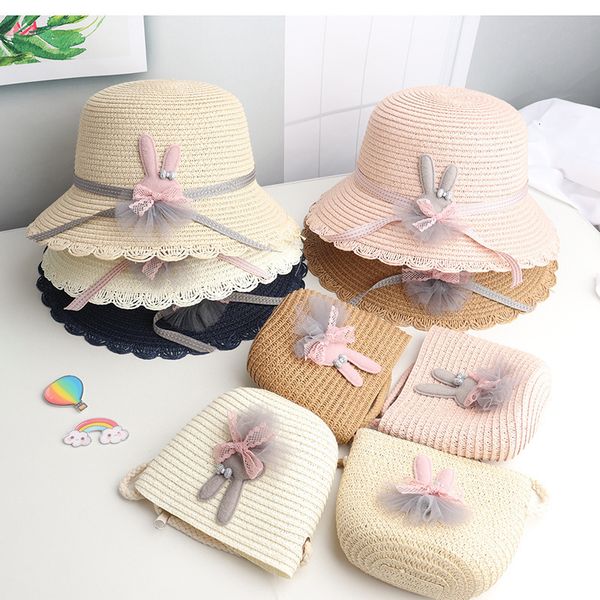 

summer new baby hat + bag sun beach wave straw children's, Blue;gray
