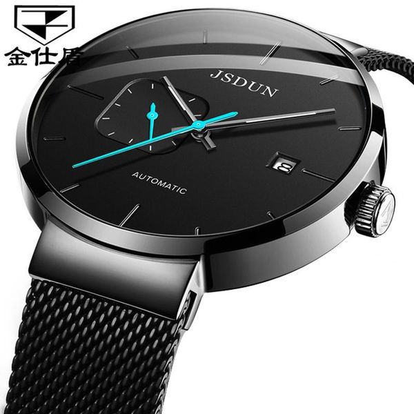 

wristwatches jsdun automatic men self wind mechanical clocks seat belts inox steel business simple black waterproof bright men's watch, Slivery;brown