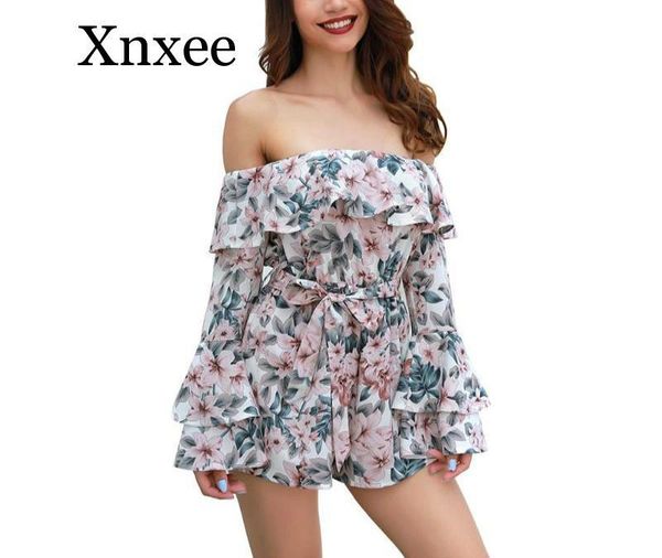 

women's jumpsuits & rompers summer women flower print jumpsuit off shoulder long sleeve ruffles loose fashion casual female printing pl, Black;white