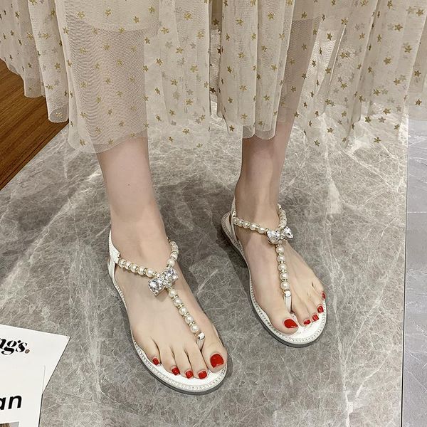 

sandals women's 2021 summer rhinestone women flat and slippers pearl roman casual shoes wedding party, Black