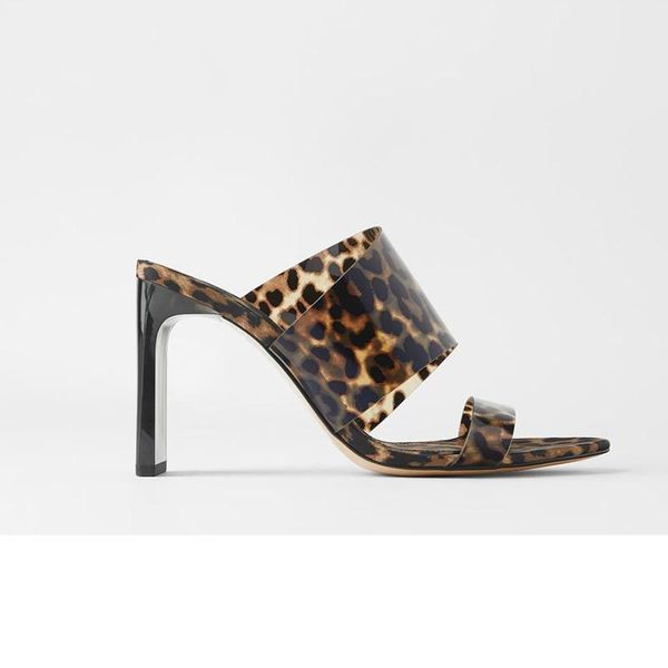 

slippers summer leopard clear upper women slides slip on high heel sandals, Black