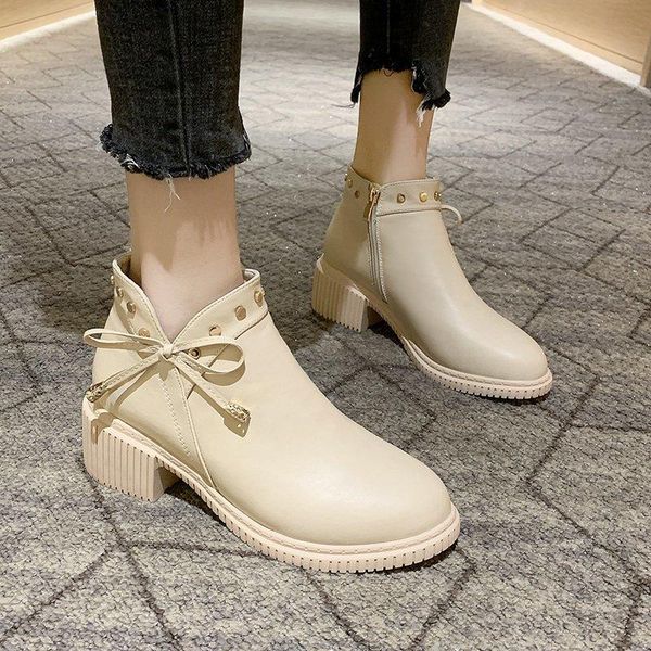 

boots 2021 short female autumn winter round toe retro women's ankle ins tide thick heel high platform shoes solid, Black