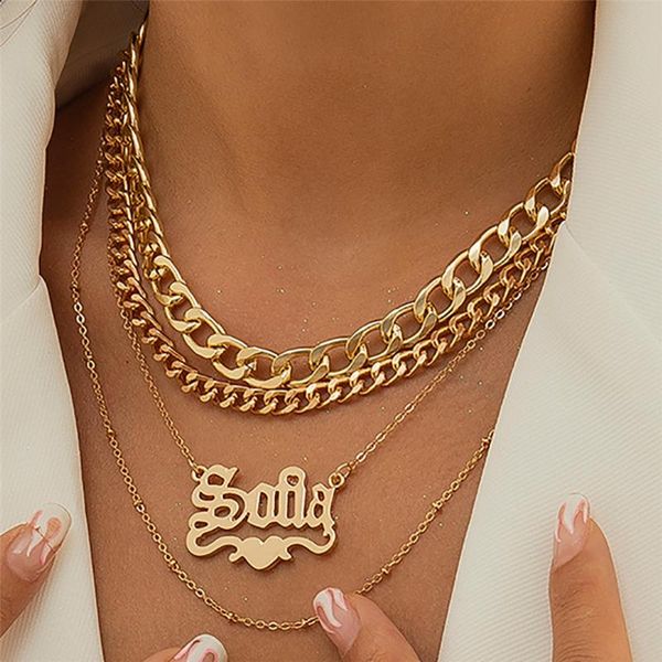 

chokers 3pcs/set multilayer letter pendant necklace female girl punk cuban curb chunky chain set party aesthetic neck jewellery, Golden;silver