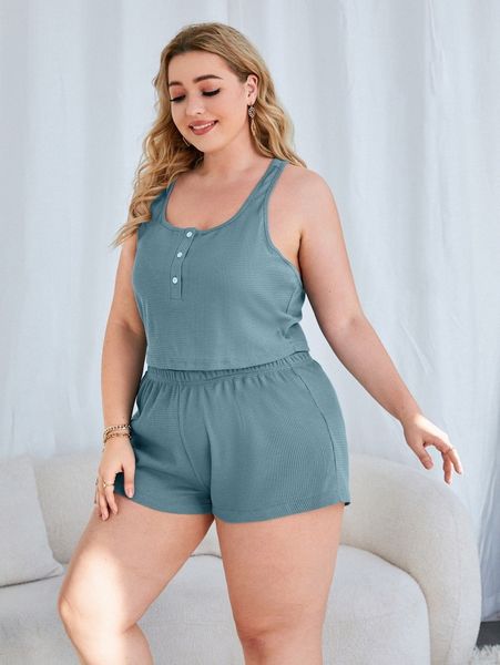 

plus waffle knit half button pj set v1y8#, Black;white