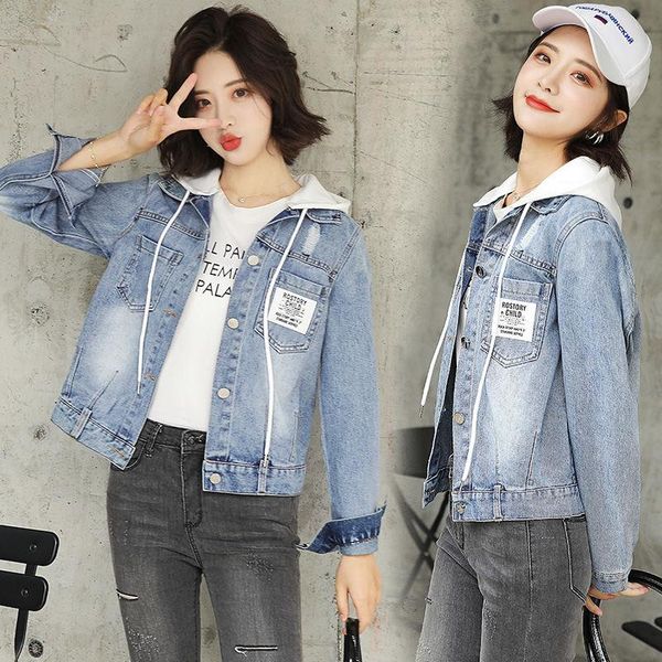 

women's jackets denim jacket short section 2021 spring clothing long-sleeved slim hooded wild coat female blue, Black;brown