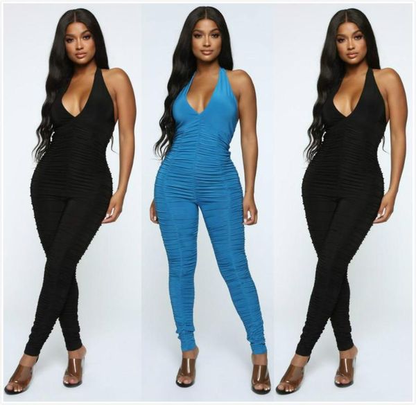 

gym clothing bkld fashion women v-neck ruched halter jumpsuit 2021 summer soild skinny backless rompers clubwear long pants, White;black