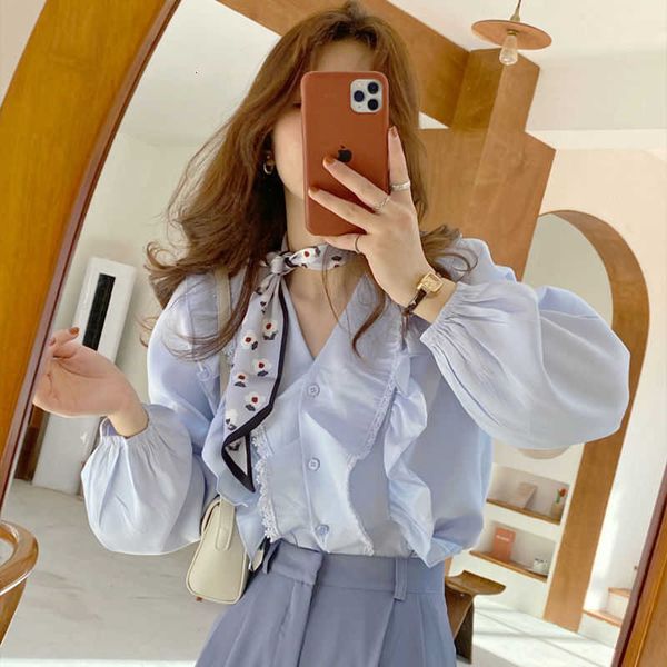 

women's knits & tees elegant sweet blouse female chiffon solid full sleeve design v-neck casual beach office and women summer, White