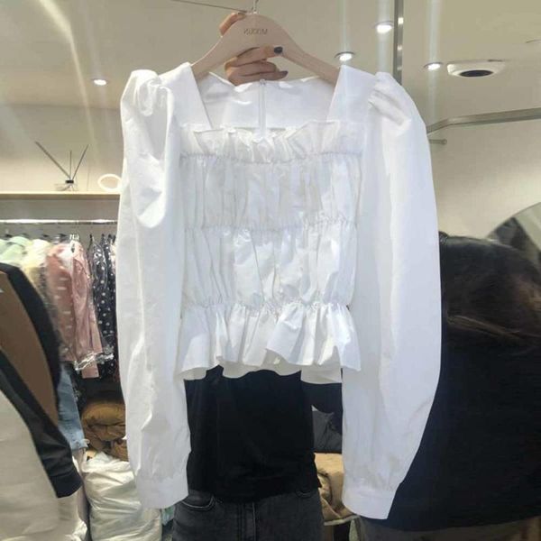 

women's blouses & shirts 2021 spring and autumn vintage white ruffled slimming shirt ladies square collar puff sleeve pullover for fema