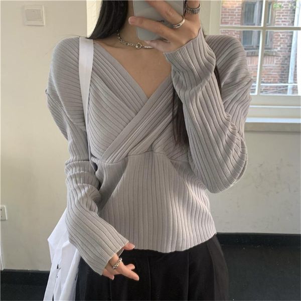 

women's sweaters elegant cross v-neck women all match fashion 2021 knitwear pullover slim autumn full sleeve chic, White;black