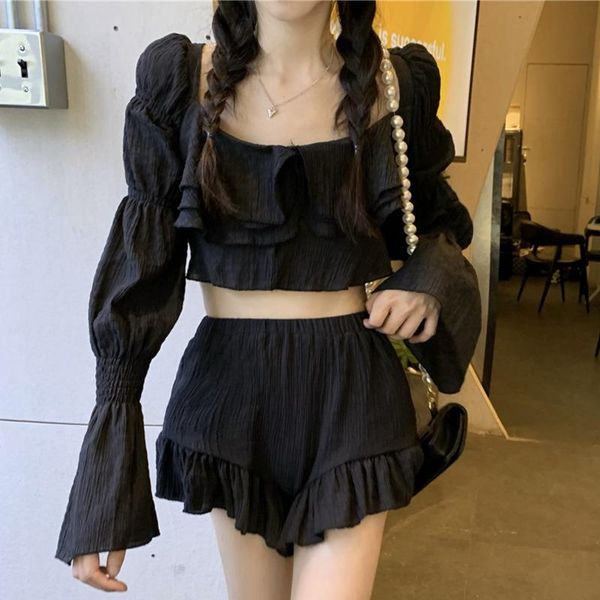 

women's tracksuits ruffles two piece sets women 2021 summer solid fashion slash neck navel shirts + shorts suits vintage ensemble femme, Gray