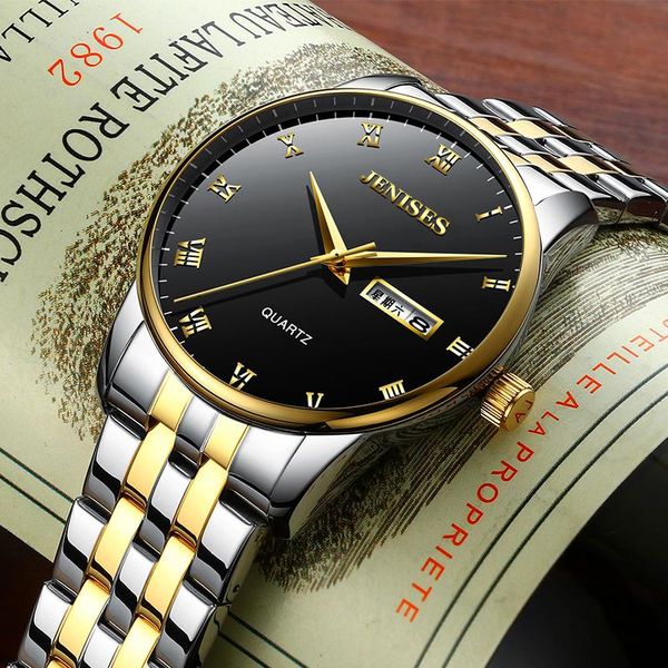 

wristwatches jenises men's classic business butterfly buckle quartz waterproof leather watch custom tide, Slivery;brown