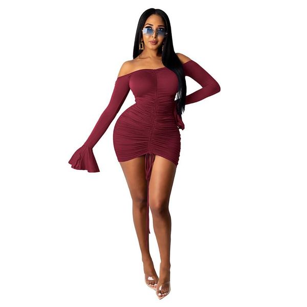 

long sleeve women off shoulder dresses summer solid color bandage bodycon dress flare fashion ladies slim mini casual, Black;gray