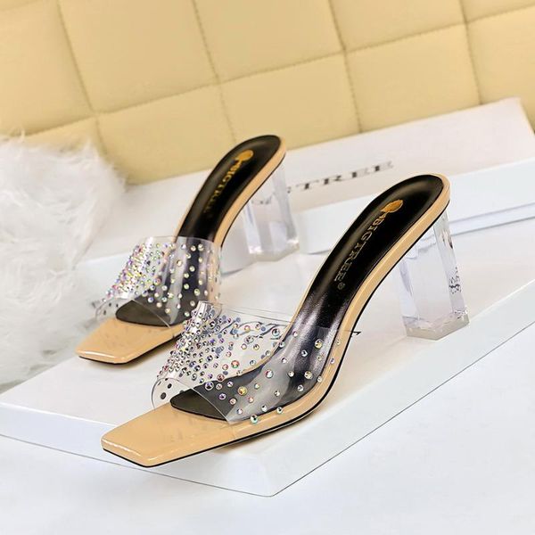 

slippers transparent high heels women square toe sandals summer shoes woman clear pumps wedding jelly buty damskie, Black