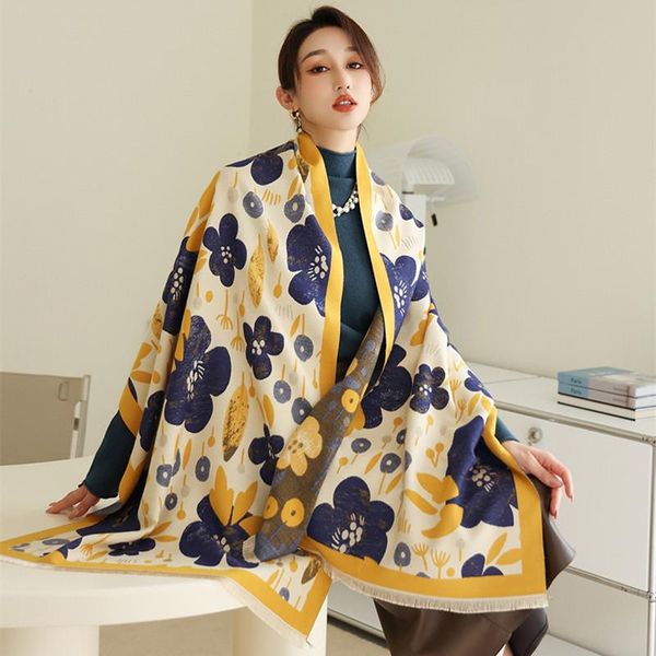 

scarves ladies fashion european and american style flower pattern printing imitation cashmere shawl multifunction warm scarf, Blue;gray