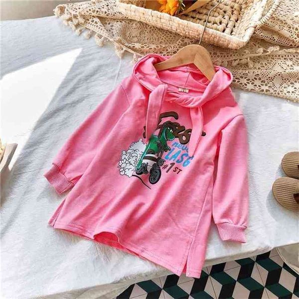 

autumn kids clothes cartoon dinosaur printed sweatshirt-dress logn sleeve princess dress fashion korean hooded costume vestidos 210715, Red;yellow