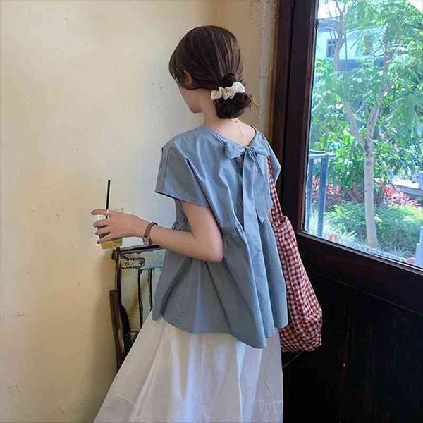 

summer haze blue bow women shirt loose short sleeve for blusas mujer de moda, White