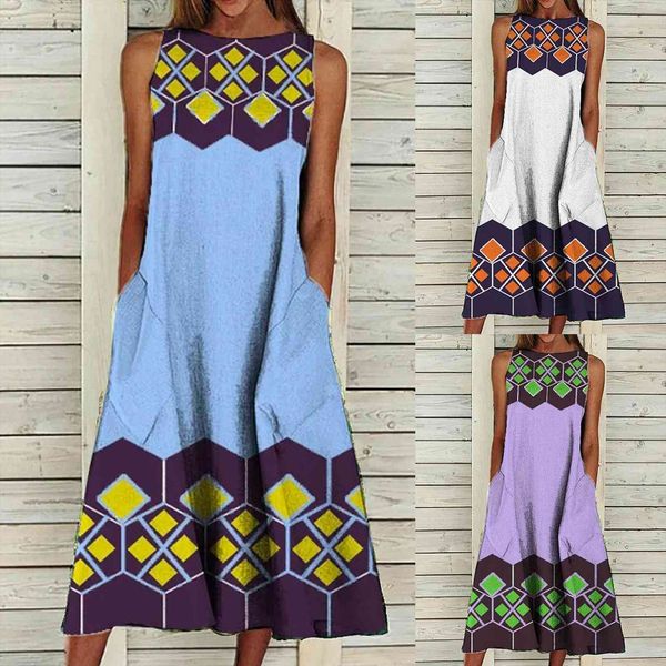 

vintage summer geometric print beach women dresses splicing round neck sleeveless tank big swing pocket maxi robe, Black;gray