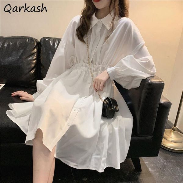 

casual dresses a-line dress women button midi pure color spring high waist college feminine simple leisure ulzzang trendy daily vestidos ins, Black;gray