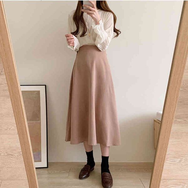 

skirts spring women chic mid-calf high waist office lady autumn elegant solid a-line skirt v4k9, Black