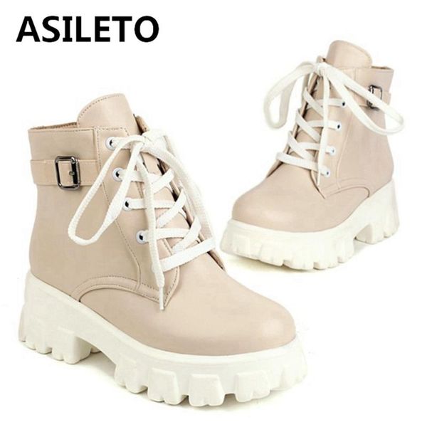 

boots asileto women fashion ankle shoes round toe thick bottom platform buckle winter warm lace up ladies big 43 s2454, Black