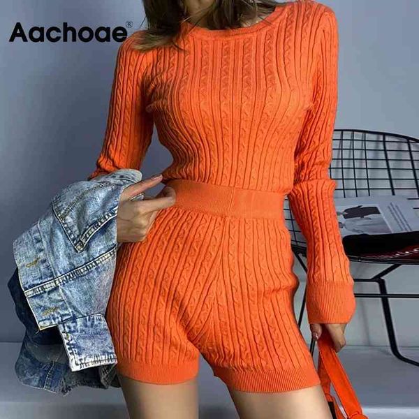 

women solid casual knitted twist 2 set long sleeve crop ladies tracksuits high waist shorts two piece sets 210413, White