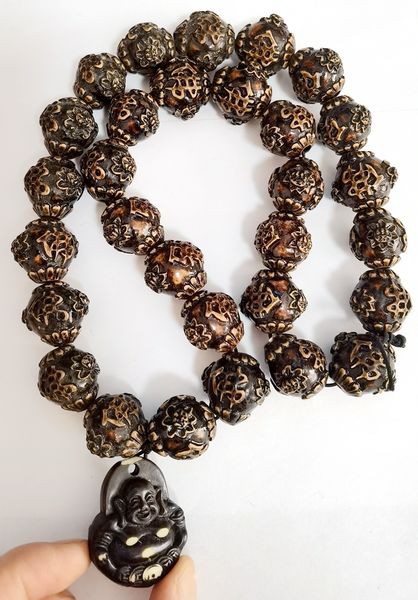 

exaggerated imitation carving vintage ethnic triangle buddhist necklace wood beads statement buddha pendants, Silver