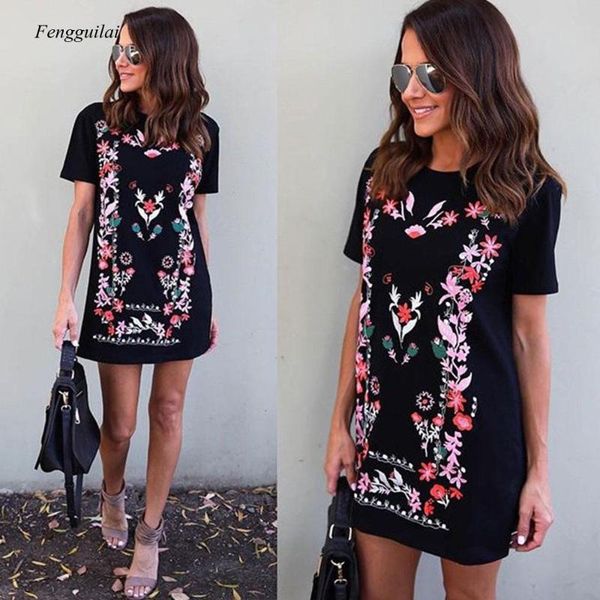 

casual dresses short sleeve t shirt dress vintage indie folk style mini floral print harajuku loose streetwear, Black;gray