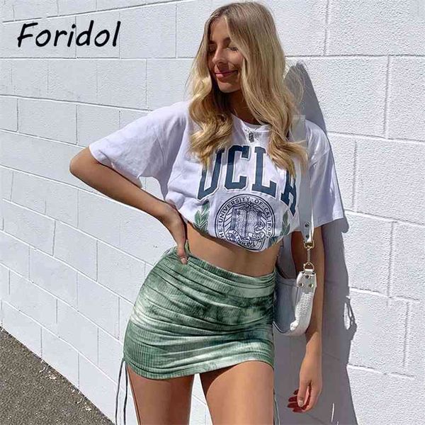 

tie-dyed print rruched lace up side skirts women fashion clothes green bodycon mini skirt bottoms spring autumn skirts 210415, Black