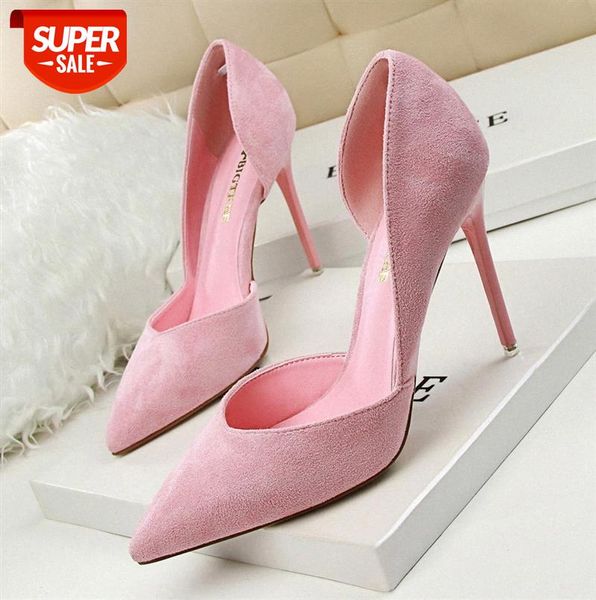 

3168-6 korean fashion, simple and elegant, thin stiletto high-heeled suede shallow mouth pointed side hollow women's single shoes #n72p