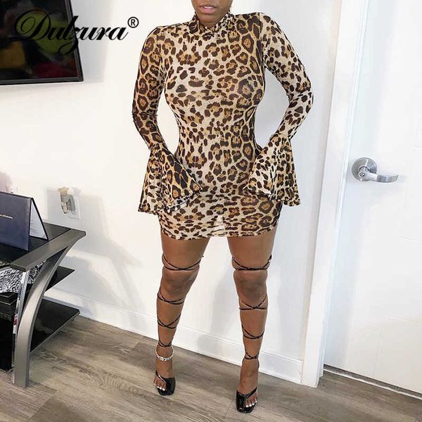 

leopard print women mini dress flare sleeve turtleneck bodycon streetwear party club 2021 autumn winter clothes, Black;white