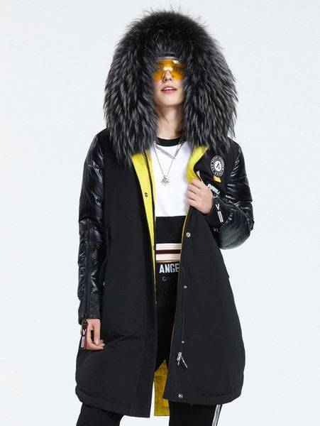 

ziai patched detail zip front fuzzy hooded winter coat o9rw#, Black