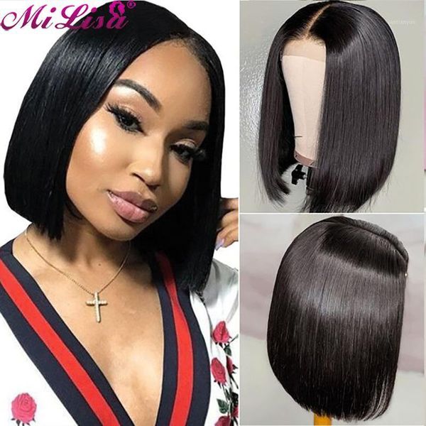 

mi lisa short 13x4 straight bob lace front wig for black women brazilian remy hair middle part 2x6 closure1, Black;brown