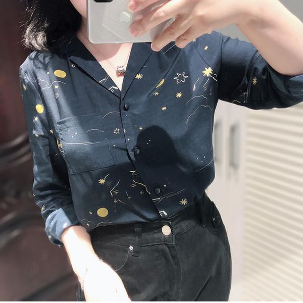 

women's blouses & shirts french sweet notched blouse sky and moon print shirt with one pocket 2021 spring, White