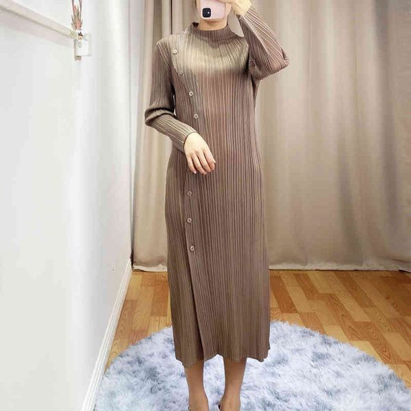 

dresses spring mid-length women's fashion miyak pleated half-high collar long sleeve button large size dress tide, Black;gray