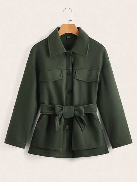 

collared flap detail self belted overcoat x5h8#, Black