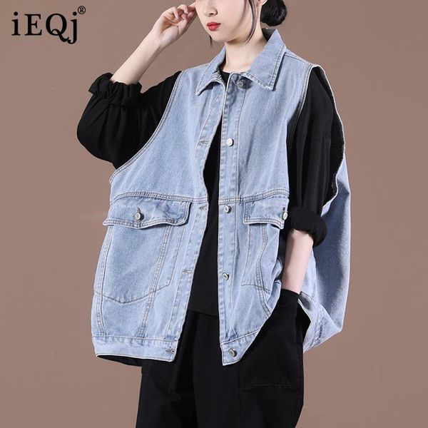 

women's vests ieqj 2021 spring and summer fashion women clothes turn-down collar light blue denim single breasted vest wp81605, Black;white