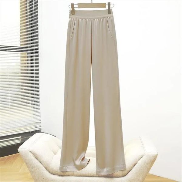 

summer satin wide leg women capri high waist drape silk skating straight thin casual trousers korean, Black;white