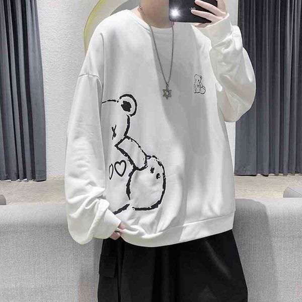 

hoodiesperth round neck pullover sweater trend cartoon bear print bottom shirt autumn couple long sleeve t-shirt, Black