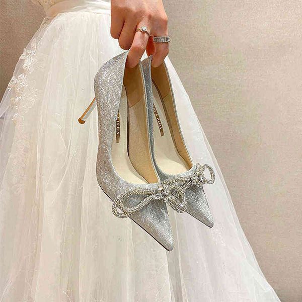 

herme women's slippers size pointed high heel's thin heels spring 2022 wedding bride's bow single sho, Black