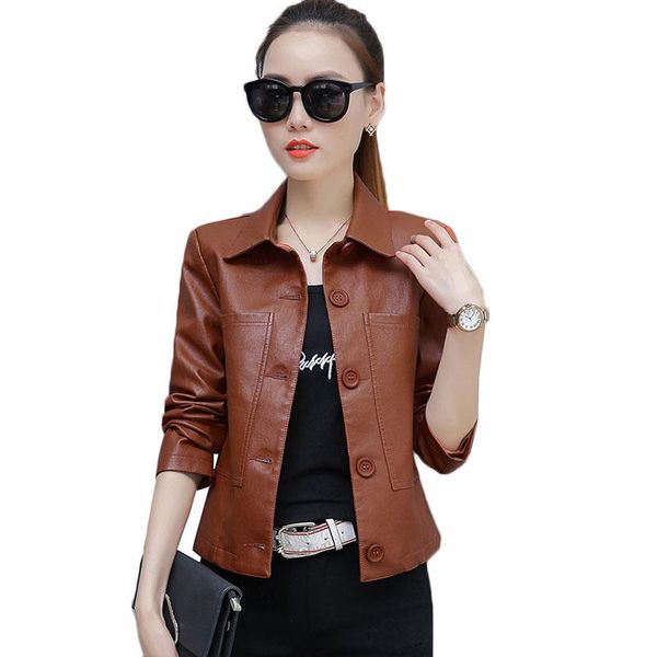 

women's leather & faux spring autumn women short pu jacket slim fashion motorcycle casual coat plus size 4xl basic coats, Black