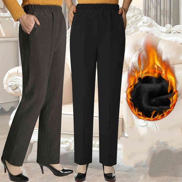 

capri mid-aged women winter veet casual thick high elastic waistband mon stretch straight pants plus size 5xl, Black;white